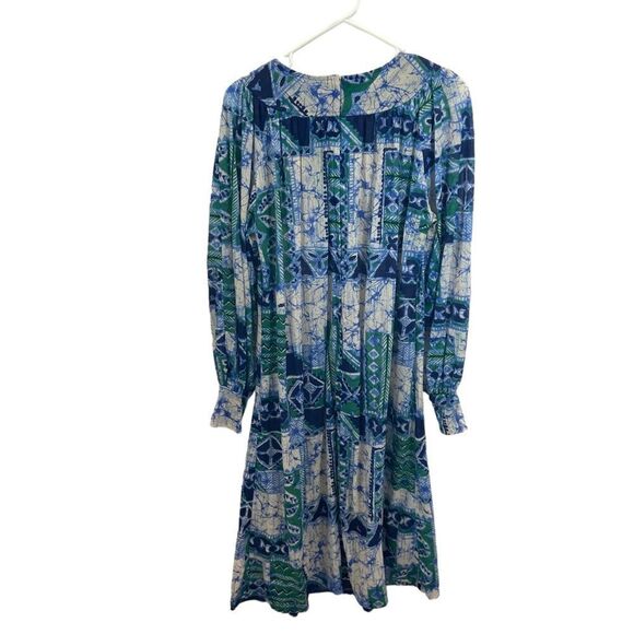 RARE‎ Vintage Edith Flagg Blue and Green Print Long Sleeved Mumu Shirt Dress OS - Picture 4 of 16